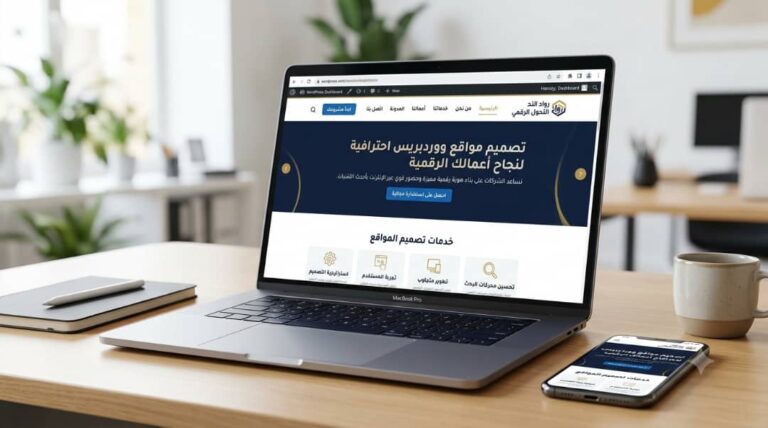 واجهة جذابة توضح تصميم موقع ووردبريس احترافي لشركة أعمال