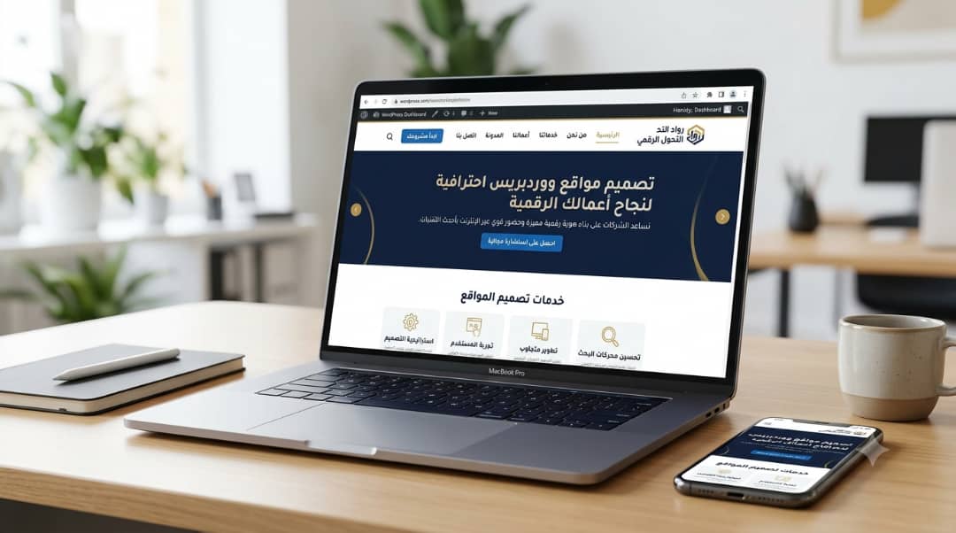 واجهة جذابة توضح تصميم موقع ووردبريس احترافي لشركة أعمال